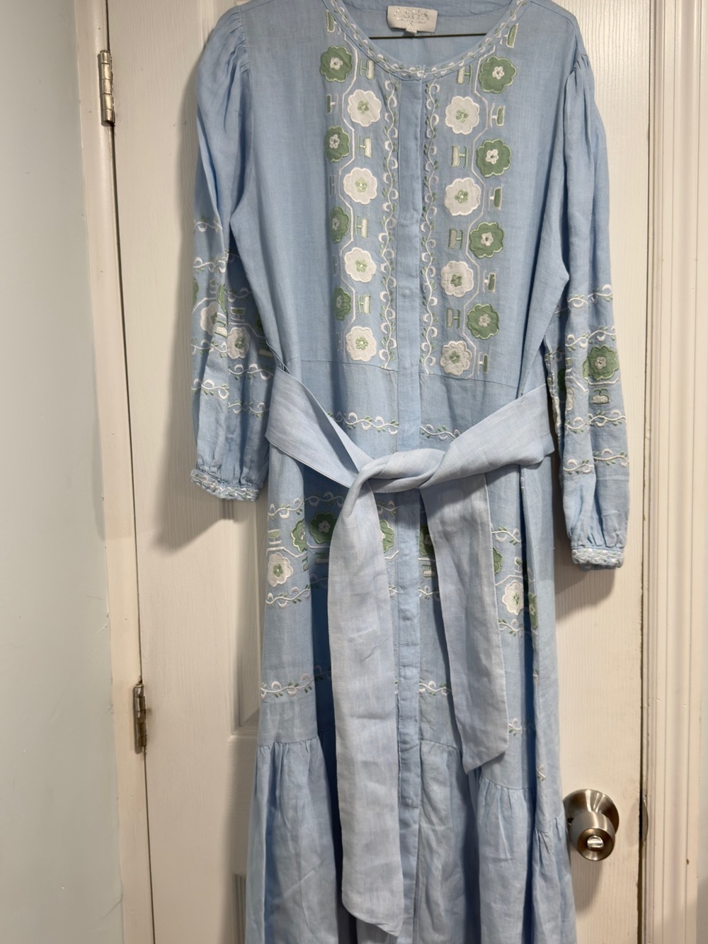 Light Blue Embroidered Maxi Dress with Tie Waist - Picture 4 of 13